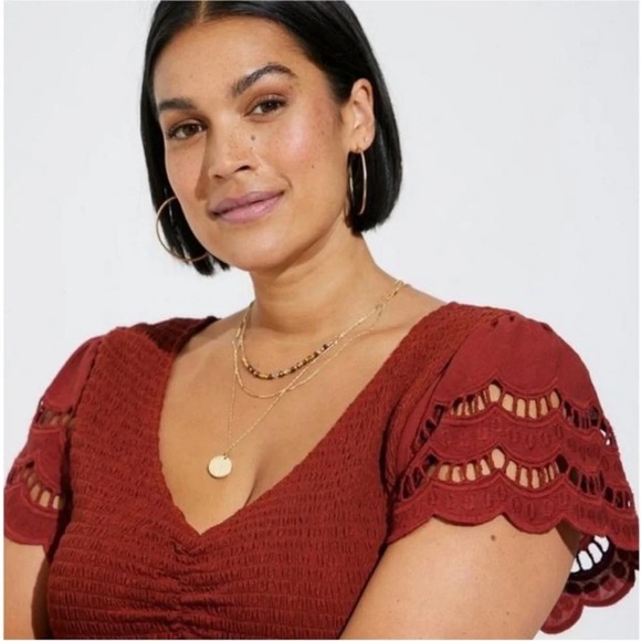 Size 0X Torrid Gauze Eyelit Burnt Orange Shirt - Picture 4 of 7